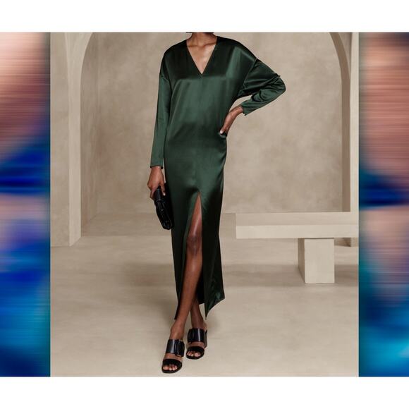 Banana Republic V Neck Dona Silk‎ Maxi Dress Front Slip Sz XS Hunter Green - Picture 7 of 8